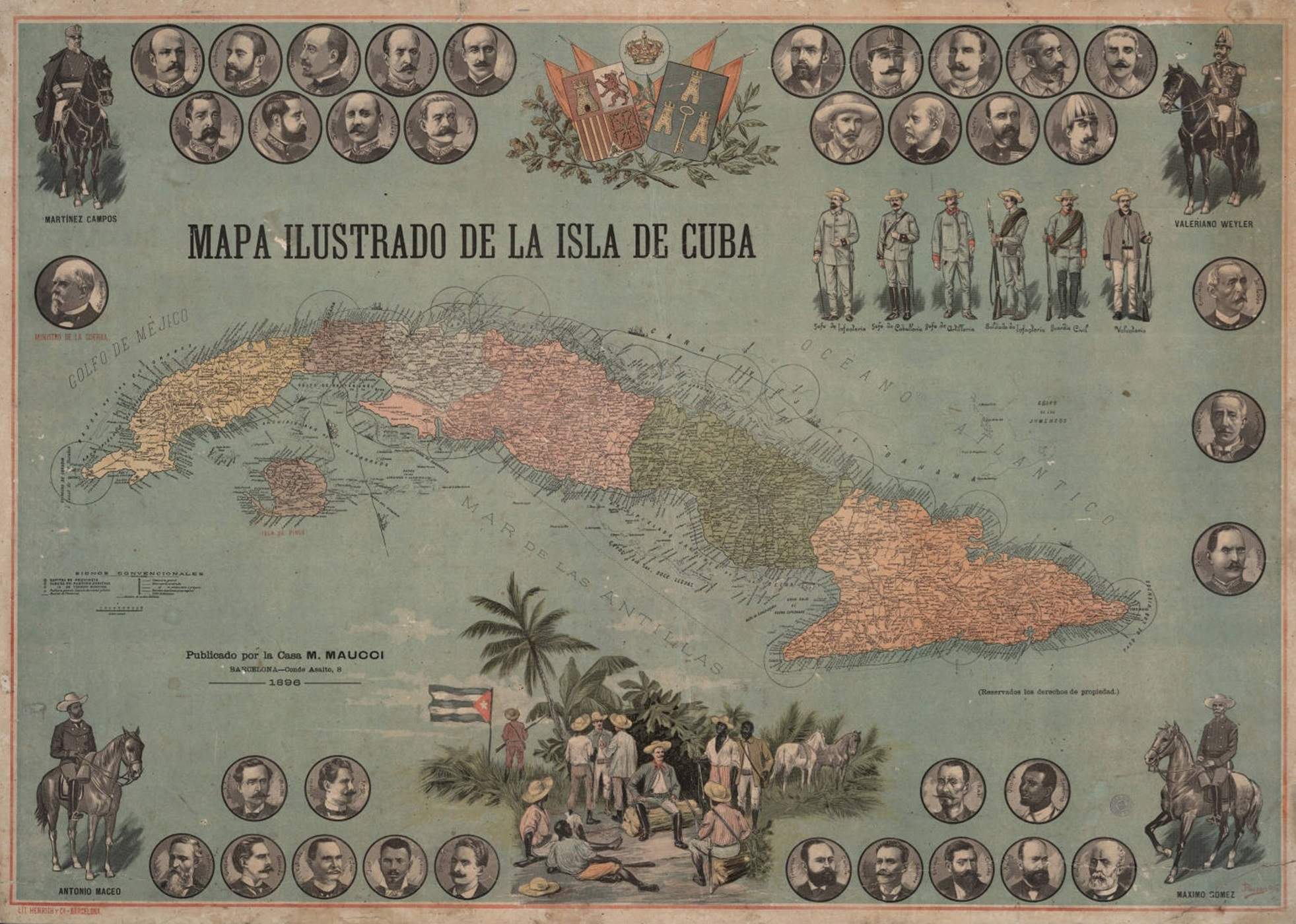 Mapa il·lustrat de la Tercera Guerra de Cuba (1896). Font Cartoteca de Catalunya