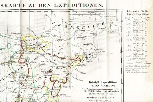 Mapa de l'Expedició Reial carlina de 1837 (1851). Font Wanderungen eines alten Soldaten. Aus Spaniens Bürgerkrieg (1)