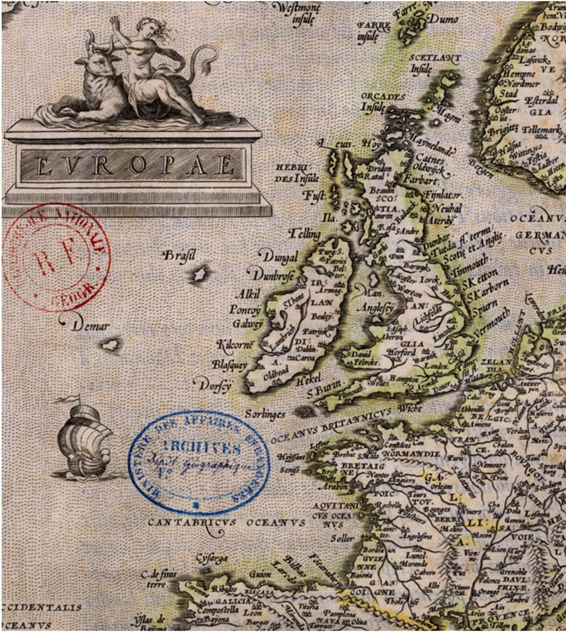 Fragmento de un mapa de Europa (1570). Cuadrando marítimo del Atlántico norte. Fuente Bibliothèque Nationale de France