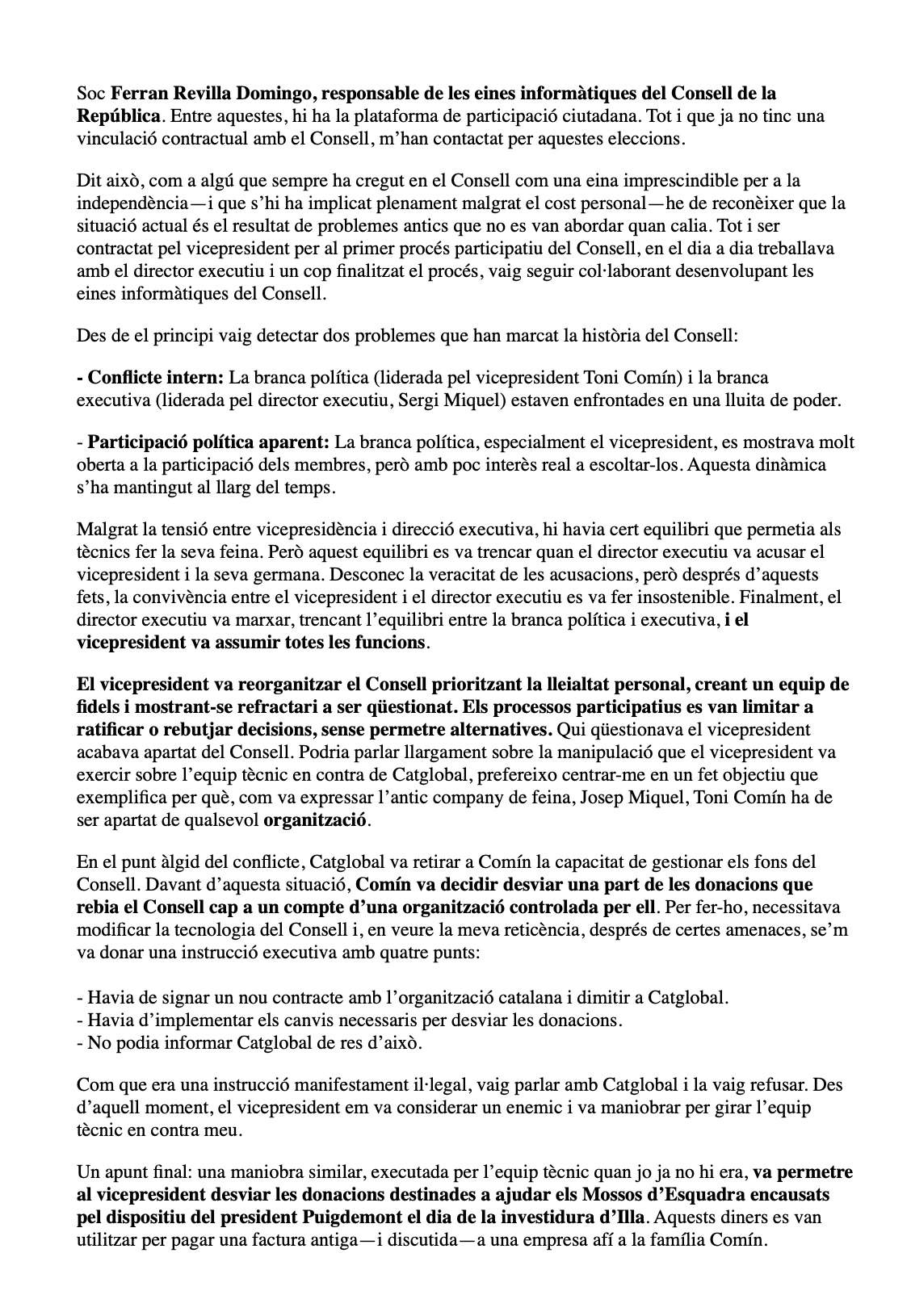 Carta de l'informàtic del Consell de la República, Ferran Revilla, en la qual acusa Comín d'irregularitats