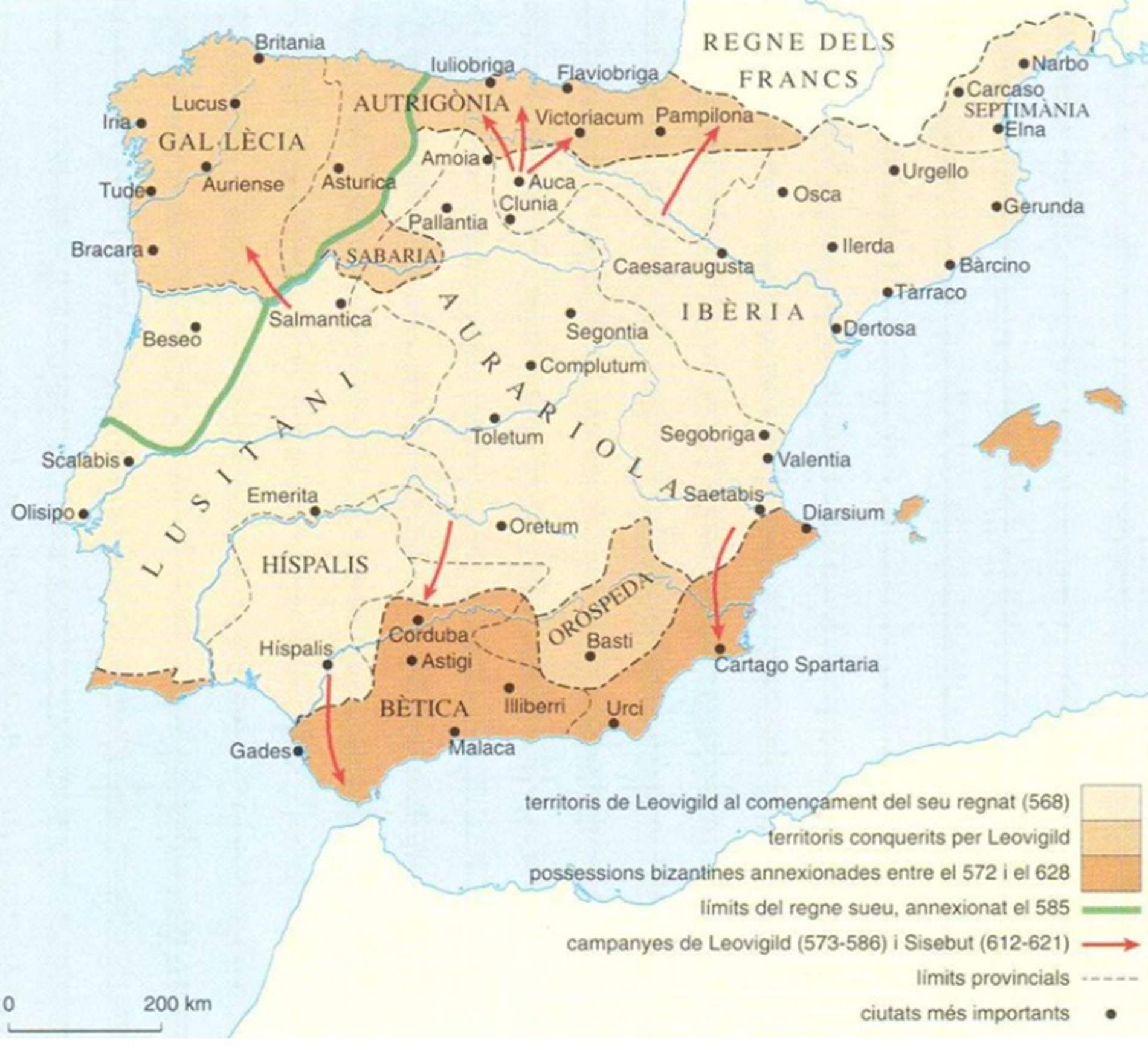 Mapa de la monarquia visigótica hispànica. Font Enciclopèdia Catalana