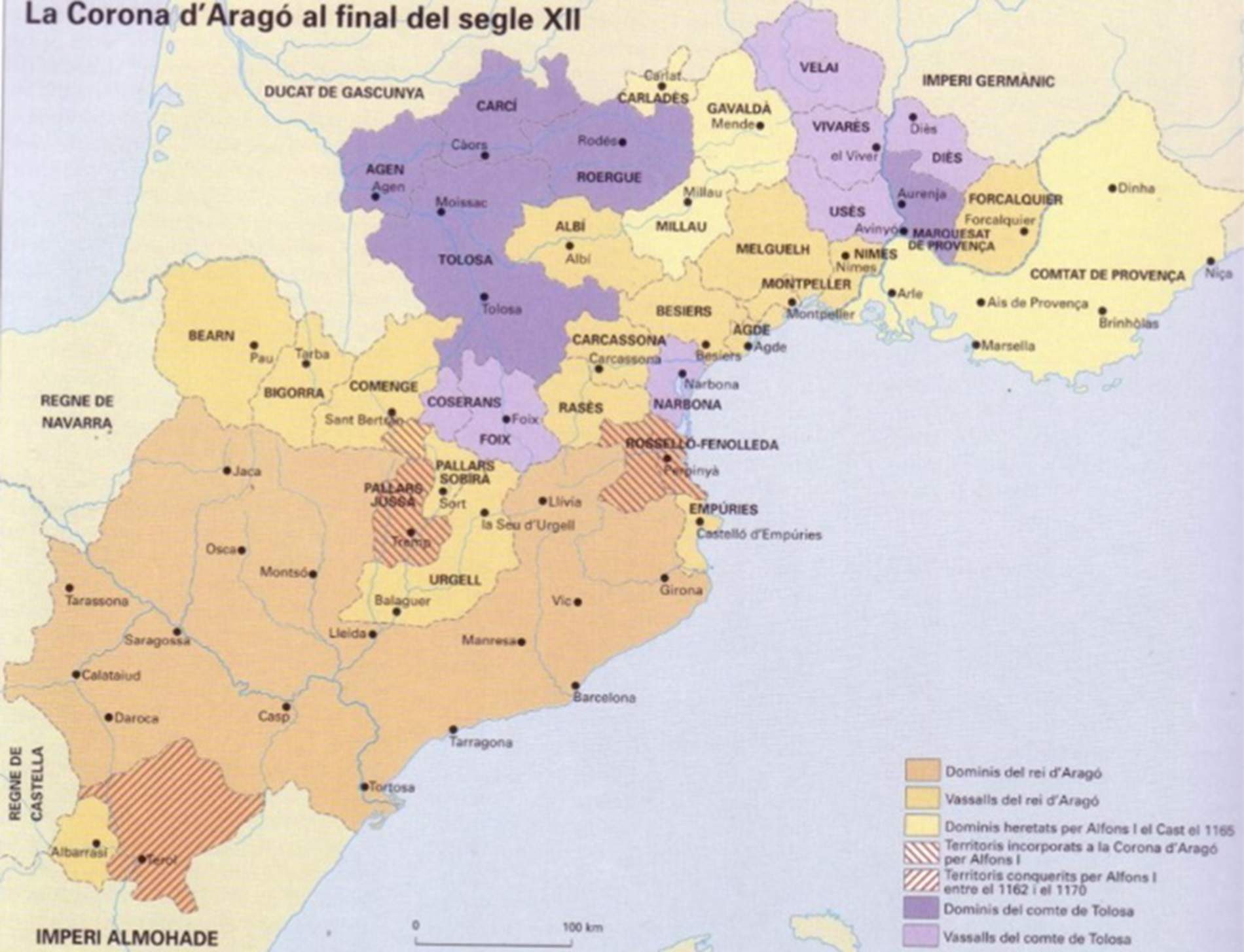 Mapa de los dominios directos e indirectas de los casales de Barcelona y de Tolosa durante la crisis cátara. Fuente Enciclopedia Catalana