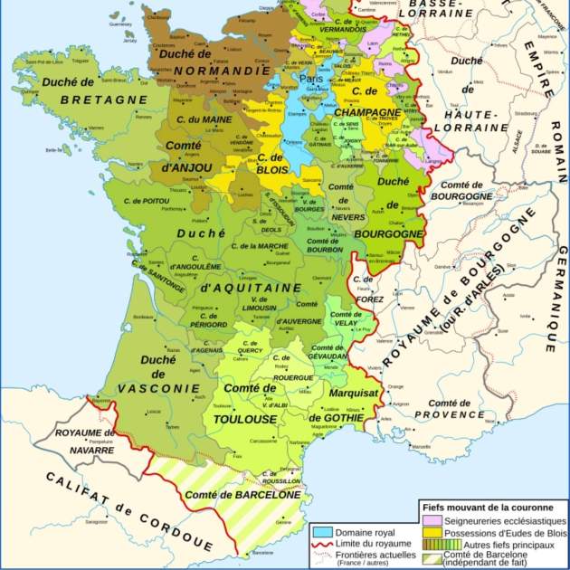 Mapa dels dominis jurisdiccionals del regne de França a cavall de l'any 1000. Font Atlas de la Histoire de France (1)