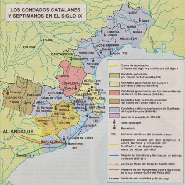 Mapa de la Marca de Gòtia. Els comtats que es van independitzar van ser els de la meitat sud. Font Universita de Barcelona (1)