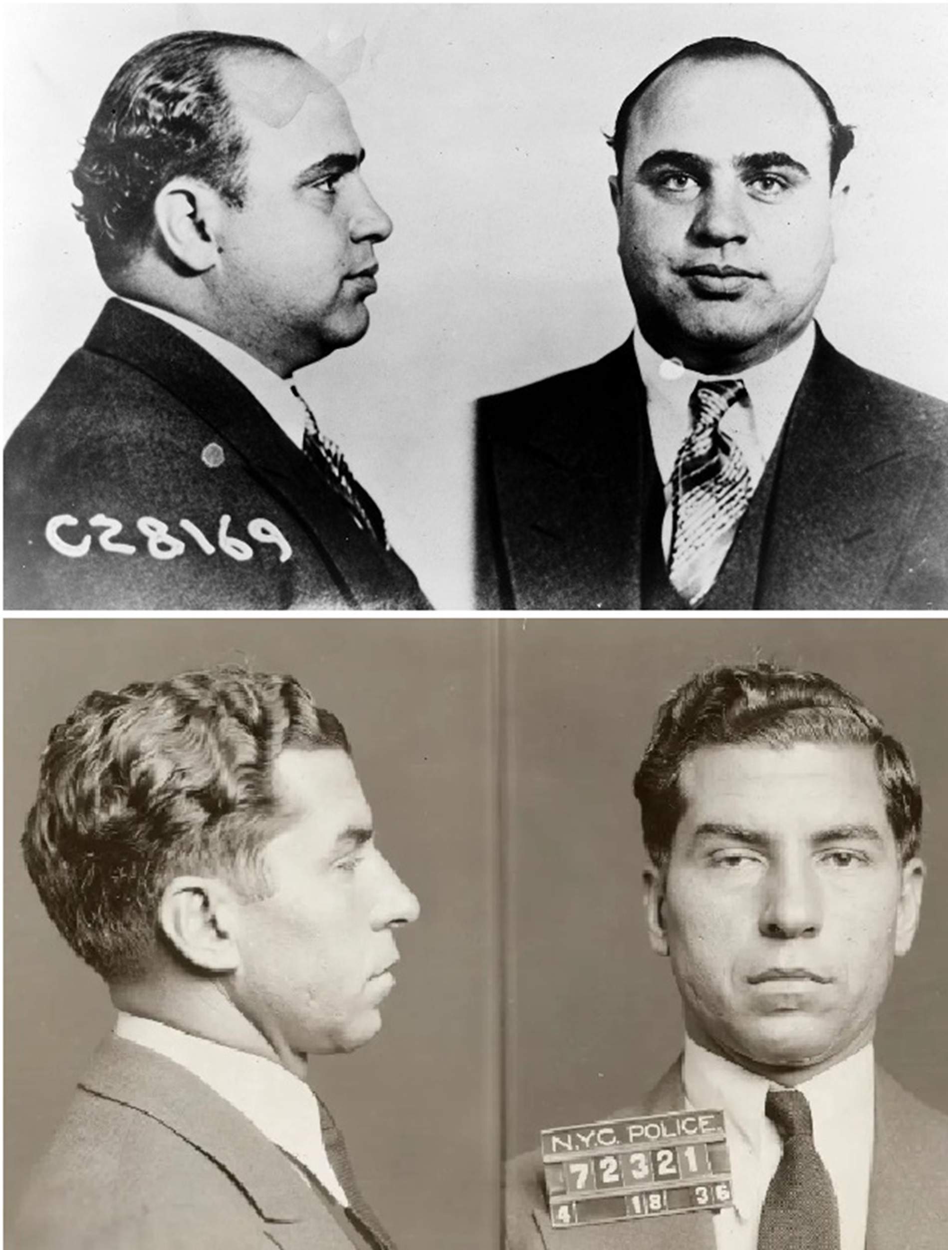 En|A el Capone y Lucky Luciano. Fuente OS Bureau of Prisions y New York Police Departamento