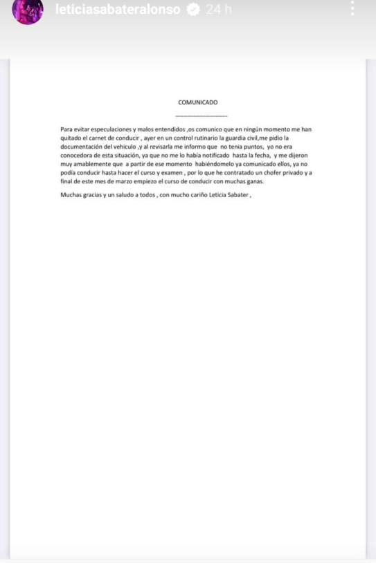 El comunicado de Letizia Sabater / Instagram El comunicado de Letizia Sabater / Instagram