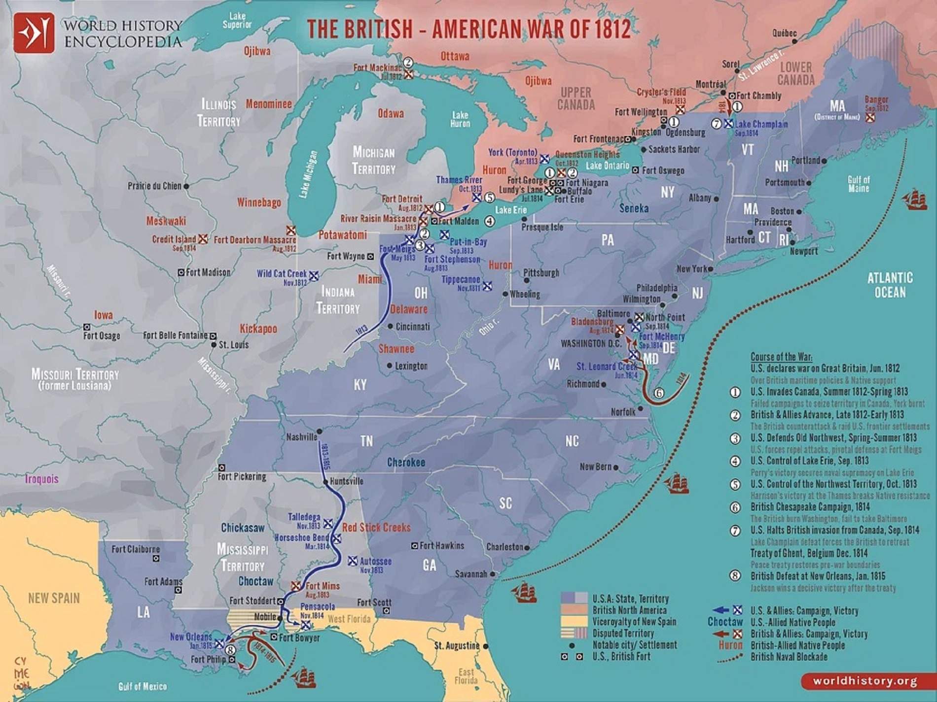 Mapa de los Estados Unidos durante la Guerra anglo americana. Fuente World History Enciclopedy