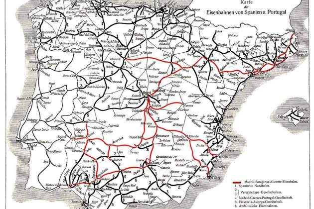 Mapa de la xarxa ferroviaria peninsular (1921). Font: Enciclopèdia del Ferrocarril