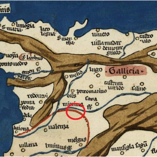 Fragmento de un mapa peninsular del siglo XV. Cuadrante noroccidental. Enmarcado en rojo la situación del Couto Misto. Fuente Cartoteca de Catalunya (1) Fragmento de un mapa peninsular del siglo XV. Cuadrante noroccidental. Enmarcado en rojo la situación del Couto Misto. Fuente Cartoteca de Catalunya (1)