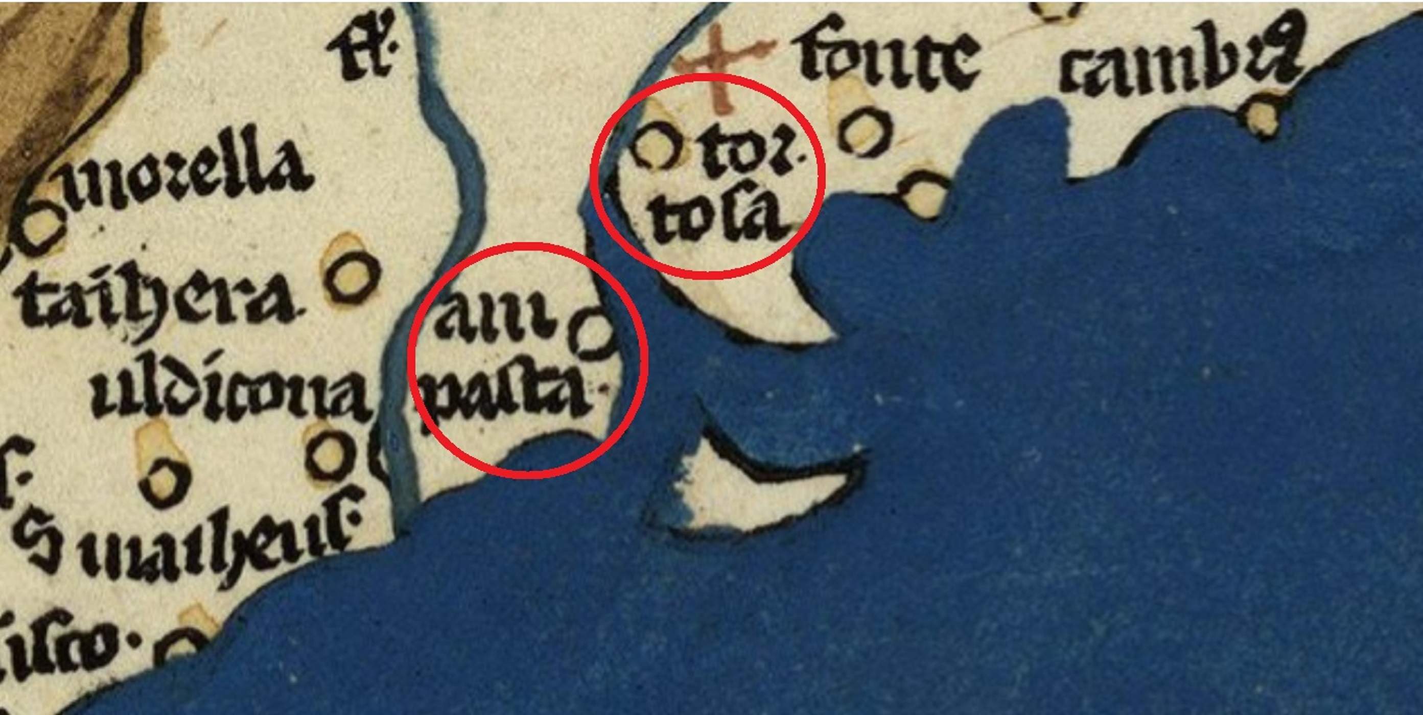 Fragment d'un mapa de la península (1479). Encerclats en vermell, les ciutats de Tortosa i Amposta. Font Cartoteca de Catalunya Fragment d'un mapa de la península (1479). Encerclats en vermell, les ciutats de Tortosa i Amposta. Font Cartoteca de Catalunya