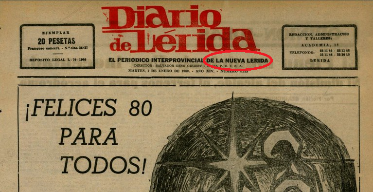 Portada del Diario de Lérida. Font Arxiu de la Paeria